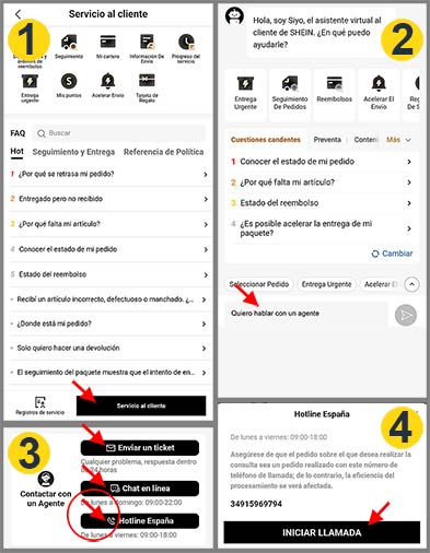 Pantalla contacto atención al cliente Shein España 2026, desde móvil
