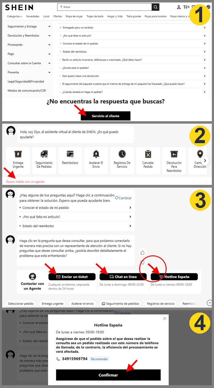 Pantalla contacto atención al cliente Shein España 2026, desde ordenador