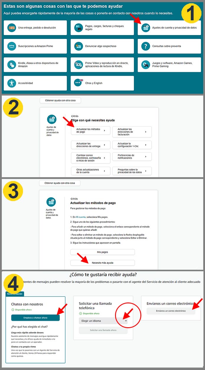 Pantalla contacto atención al cliente Amazon España 2026, desde ordenador