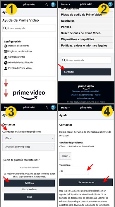 Pantalla contacto atención al cliente Amazon Prime Video España 2026, desde móvil