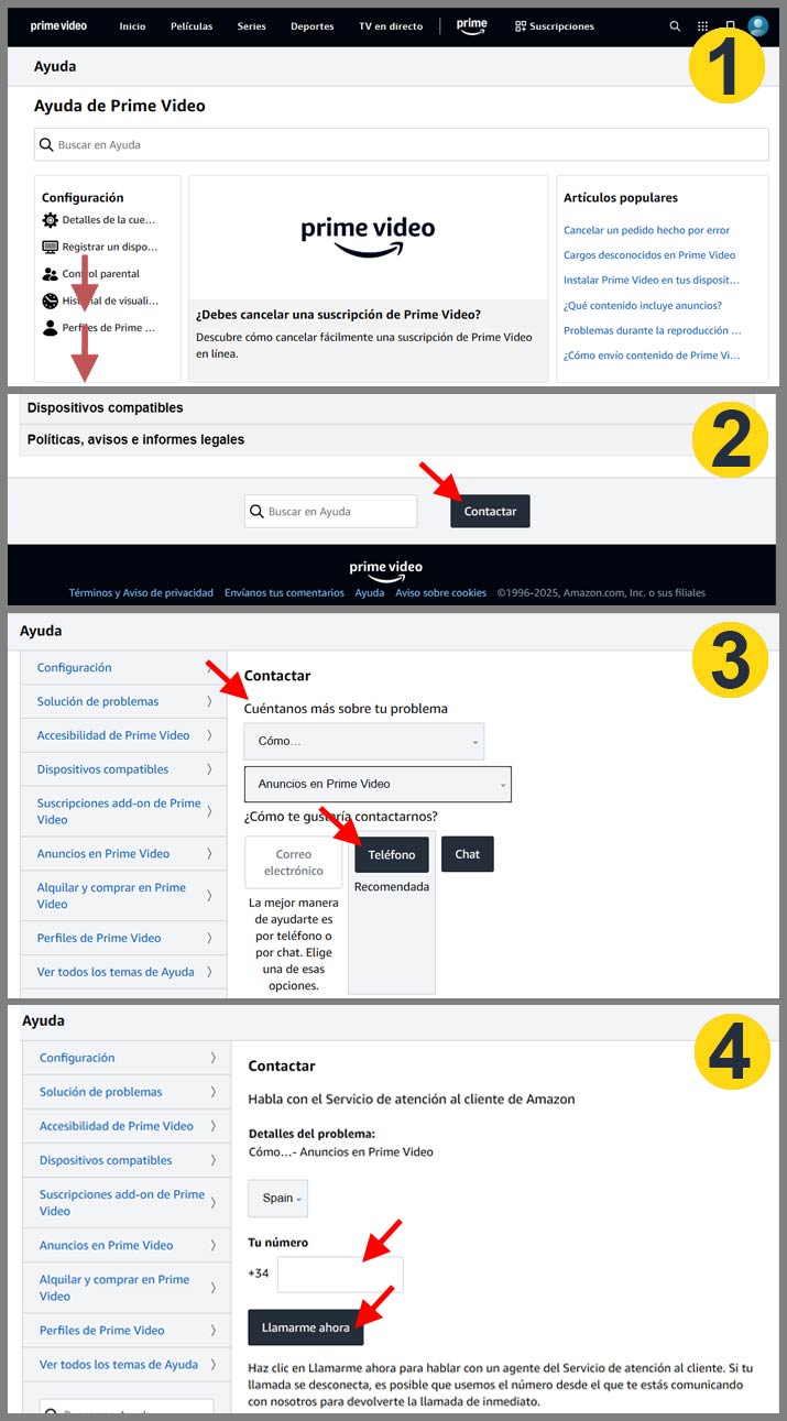 Pantalla contacto atención al cliente Amazon Prime Video España 2026, desde ordenador